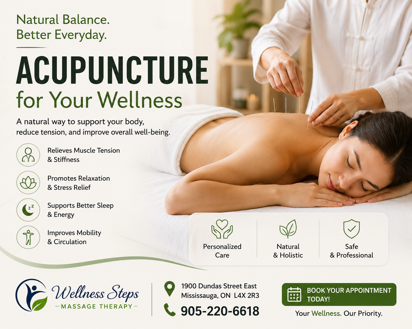 Wellness Steps Massage Therapy ad: a practitioner inserts acupuncture needles into a woman's back with the headline 'ACUPUNCTURE for Your Wellness' and listed benefits on the left.